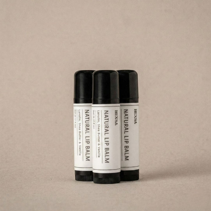 Natural Lip Balm – Hexsa – organic lip balm with lanolin, shea, coconut and vanilla. Three sticks.